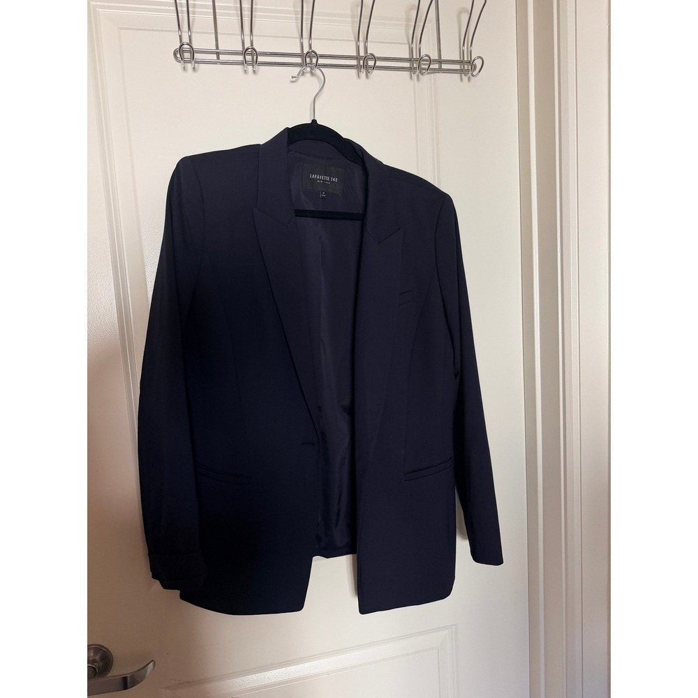 Lafayette 148 Stretch Wool Single Button Navy Blue Blazer 12